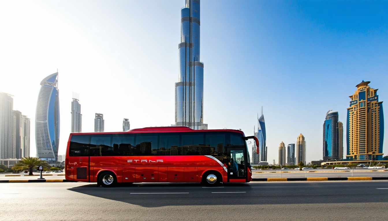 Luxury tour bus passing by the Burj Khalifa in Dubai