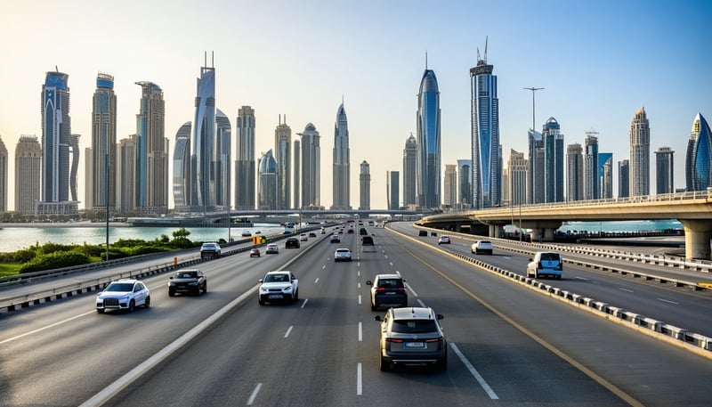 Dubai city skyline with modern roads and luxury vehicles Dubai city skyline with modern roads and luxury vehicles