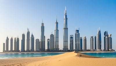 Dubai skyline with desert safari and luxury travel icons Dubai skyline with desert safari and luxury travel icons